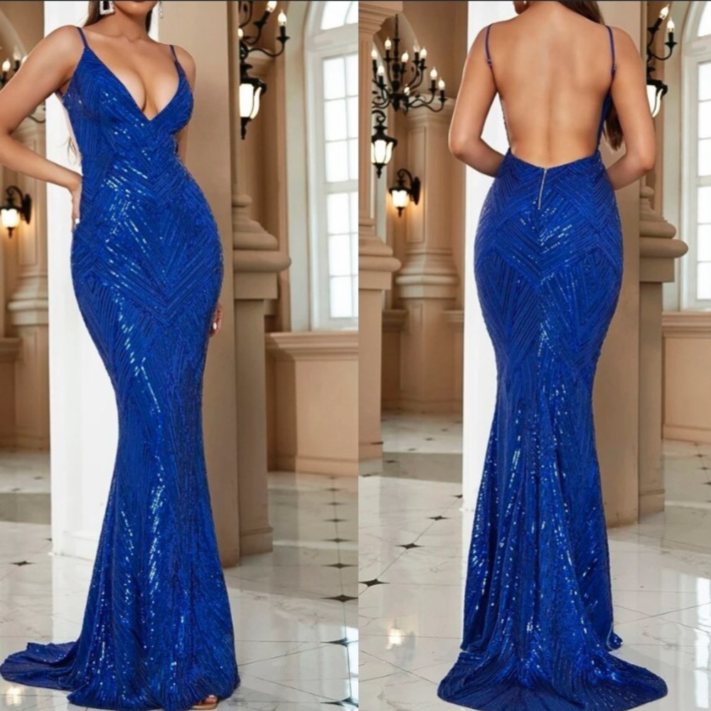 Luxe open back mermaid hem party prom wedding sequins dress